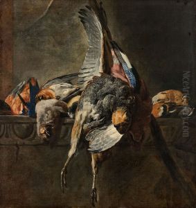 A partridge, a jay and a kingfisher on a ledge