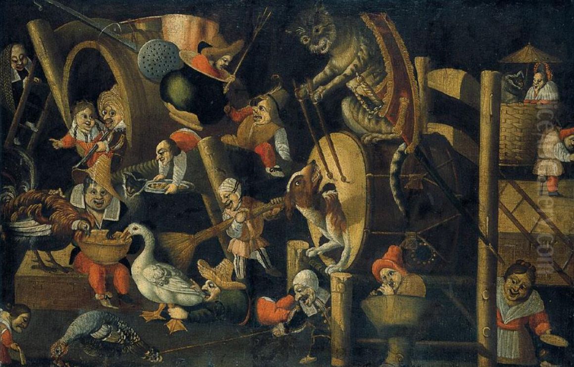 Grotesque scene with a cat beating a drum Oil Painting by Master Of The Fertility Of The Egg