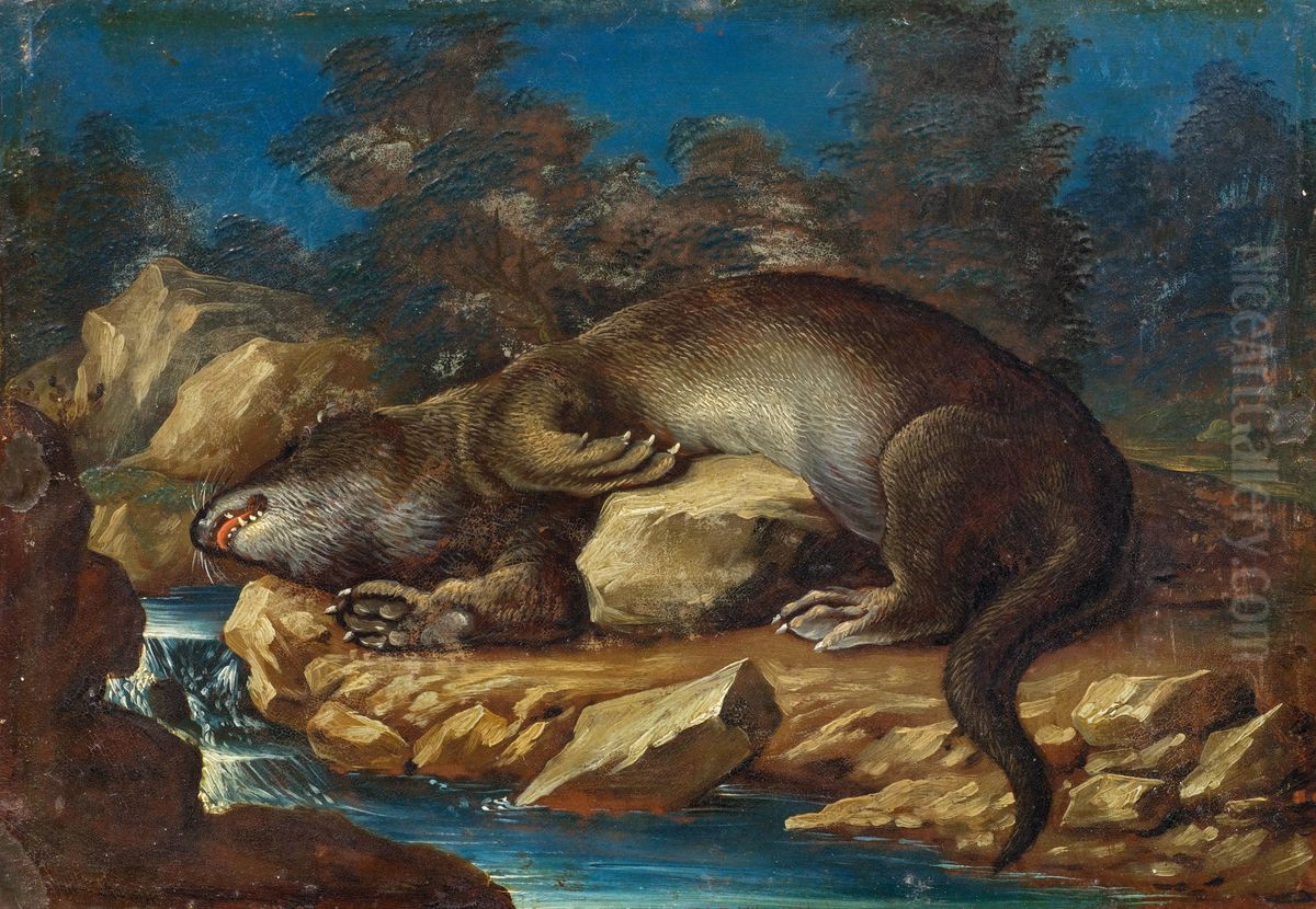 Lying otter on a rocky shore Oil Painting by Jan van Kessel the Elder Lying otter on a rocky shore Oil Painting by Jan van Kessel the Elder