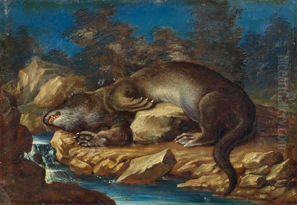 Lying otter on a rocky shore Oil Painting by Jan van Kessel the Elder