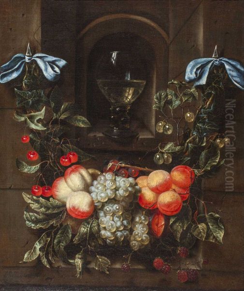 Still Life with a Garland of Fruit suspended from blue Ribbons and a Goblet in a Niche Oil Painting by Maria Tassaert