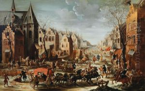 Townscape in winter with carriages
