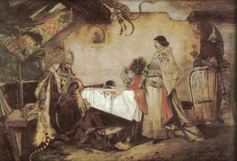 Setkani Jiriho z Podebrad s Matyasem Korvinem Oil Painting by Mikolas Ales