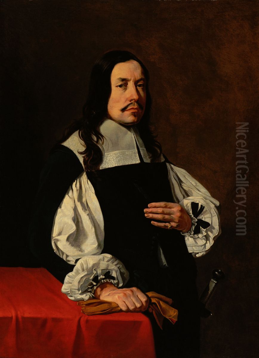 Portrait of a man standing by a table draped with a red cloth, holding his gloves Oil Painting by Vigor Boucquet