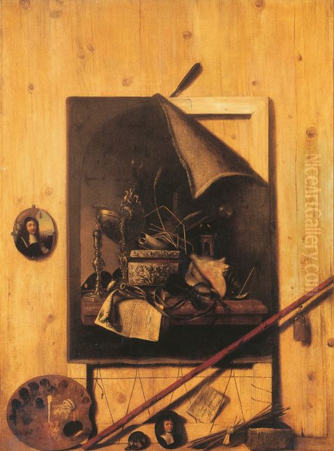 Trompe L'oeil of a studio wall with a vanitas still life, portrait miniatures and art supplies Oil Painting by Cornelis Norbertus Gijsbrechts