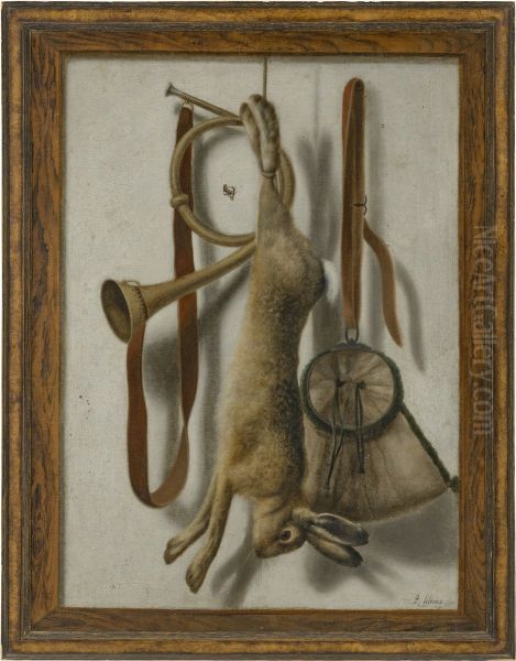 Trompe l'oeil of a hare, hunting horn and hunting satchel Oil Painting by Jacob Biltius