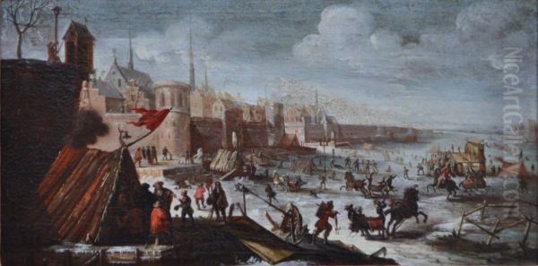 Flemish townscape with an animated frozen river Oil Painting by Jan Carel van Eyck