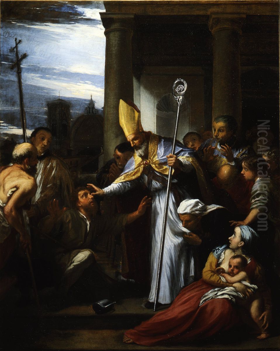 St Zenobius restores the sight of a blind man Oil Painting by Livio Mehus