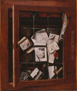 A trompe l'oeil of an open glazed cupboard door, with numerous papers and objects