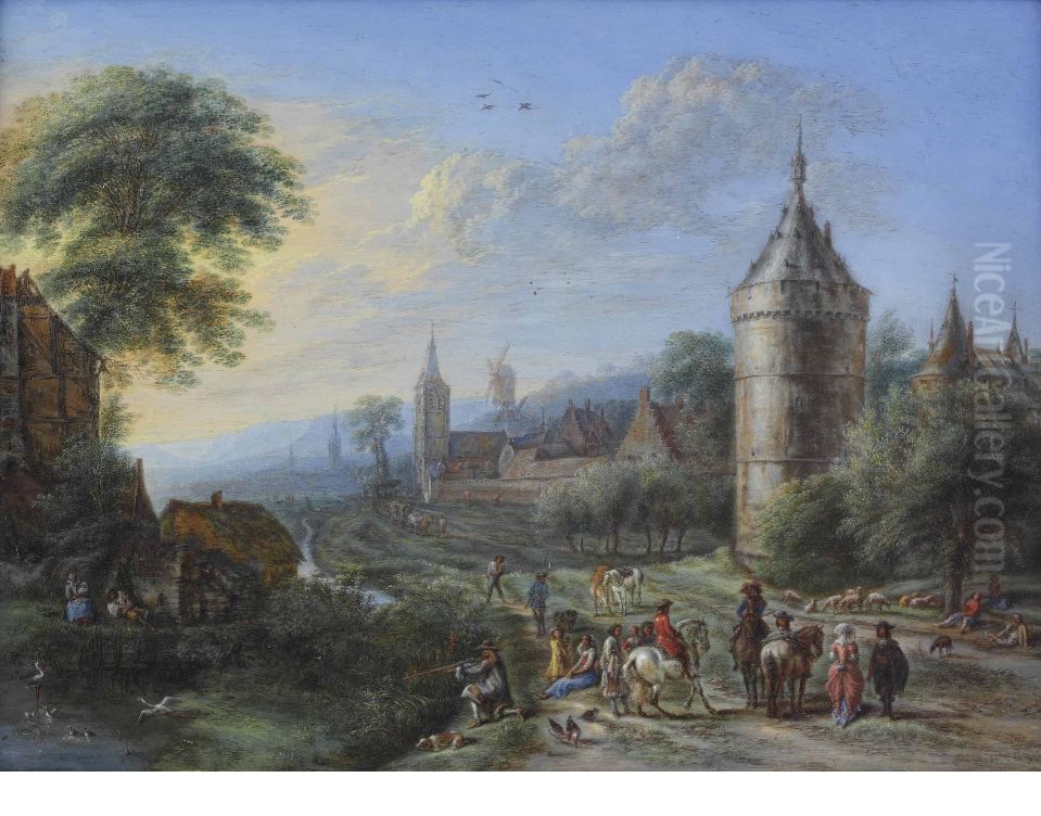 Village scene with cavaliers and elegant figures conversing in the foreground Oil Painting by Gillis Neyts