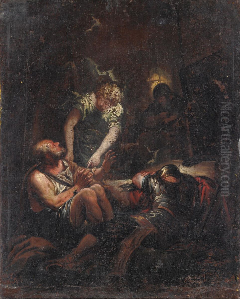 Saint Peter visited by the angel Oil Painting by Livio Mehus