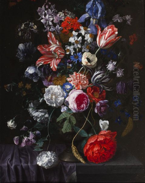 A Vase of Tulips, Peonies, Lilacs, Roses, Jasmine and other Flowers with two Butterflies on a Draped Stone Ledge Oil Painting by Bartholomeus Van Winghen