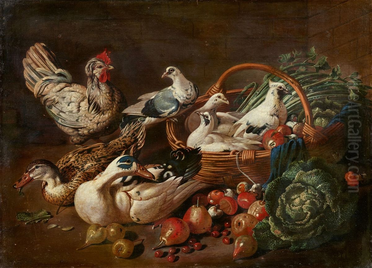 Large Still Life with Vegetables, Fruit, Pidgeons, Ducks, and a Rooster Oil Painting by Jacob van der (Giacomo da Castello) Kerckhoven