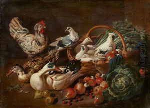 Large Still Life with Vegetables, Fruit, Pidgeons, Ducks, and a Rooster