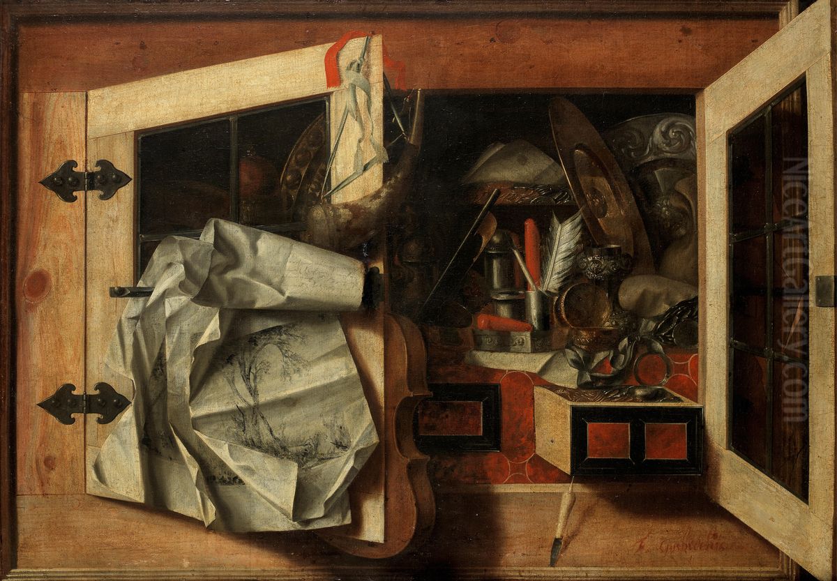 Trompe l'oeil still life of a half-open wall cabinet filled with writing implements, silver gilt dishes, a violin, hunting horn Oil Painting by Franciscus Gijsbrechts