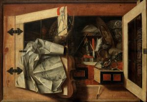 Trompe l'oeil still life of a half-open wall cabinet filled with writing implements, silver gilt dishes, a violin, hunting horn