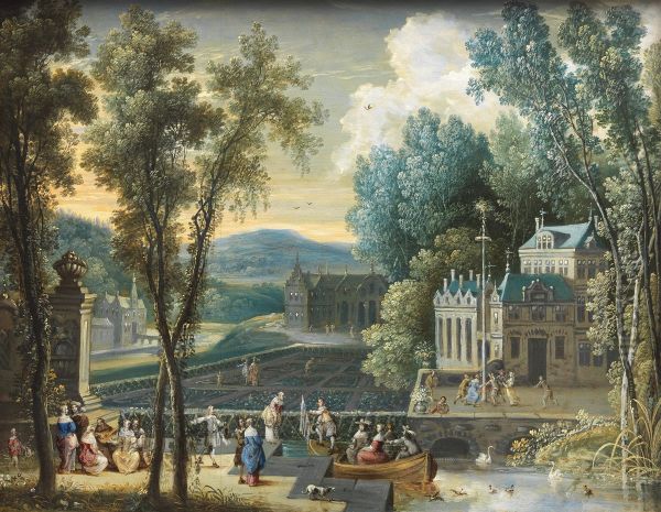 elegant figures on a boating lake, others dancing around a Maypole Oil Painting by Gaspar de Witte