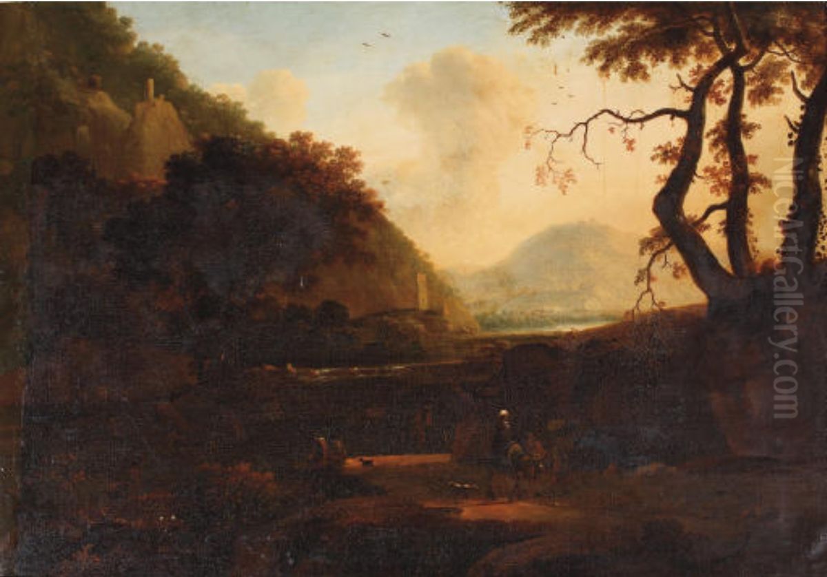 Italianate river landscape with travellers on a track Oil Painting by Bartholomeus Appelman