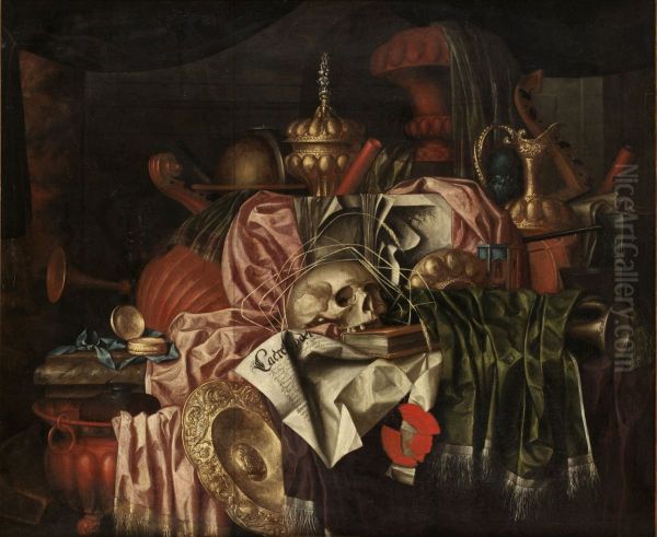 Vanitas still life with a skull, silver-gilt tableware and musical instruments on a marble table Oil Painting by Franciscus Gijsbrechts