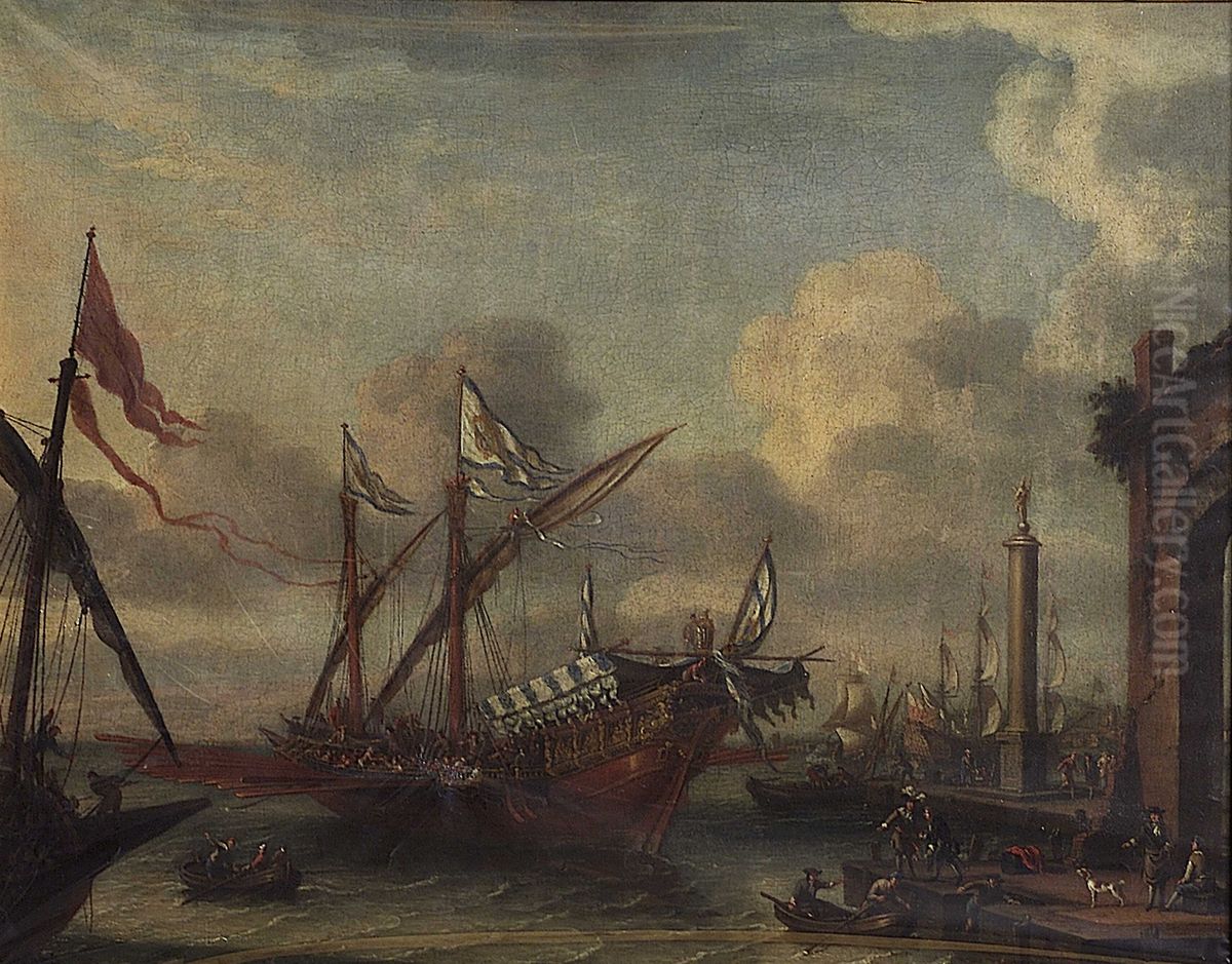 A Galley off a Mediterranean Port Oil Painting by Laureys A Castro