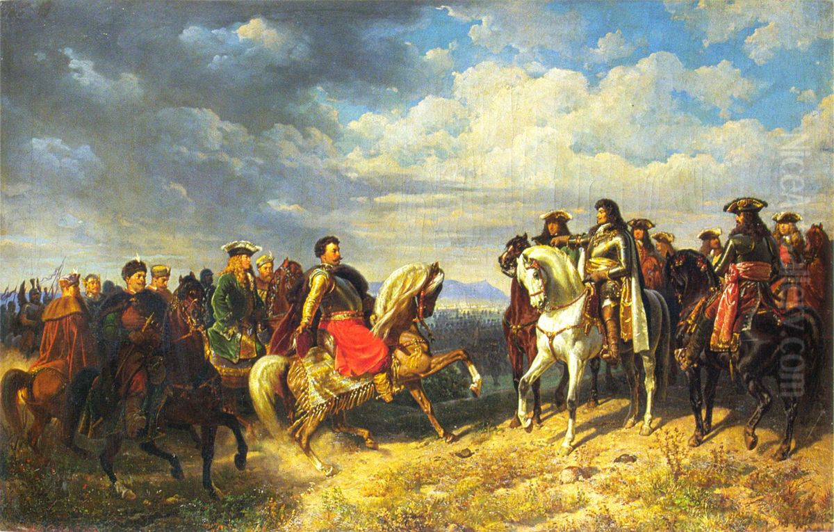 King Jan III Sobieski meets emperor Leopold I near Schwechat Oil Painting by Artur Grottger