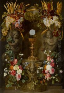 Garlands of roses, tulips, narcissi, snowdrops, hyacinths and convolvuli, with grapes, ears of corn and heads of maize, surrounding the host in a sculpted niche