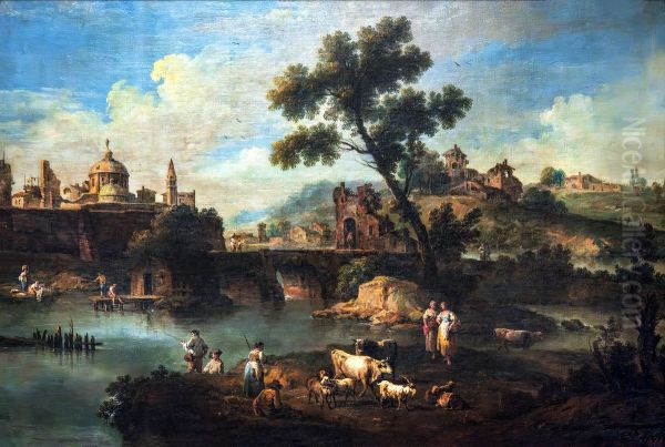 Landscape with a River, a Bridge, and Animals Oil Painting by Giuseppe Zais