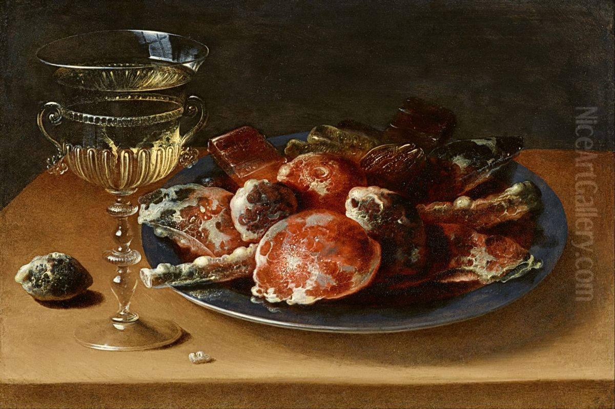 Still Life of Sweets on a Pewter Plate and a Facon de Venise Wineglass on a Wooden Ledge Oil Painting by Osias Beert