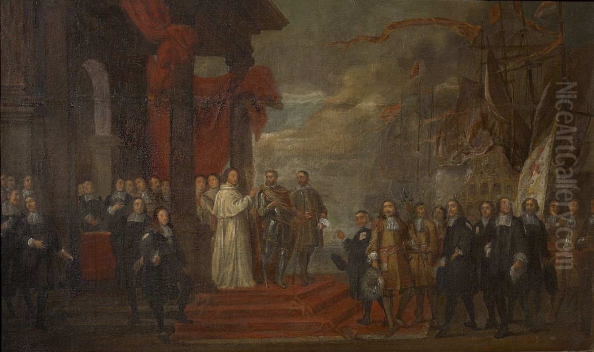 Charles V after his abdication embarking on a ship bound for Spain in the port of Vlissingen, Zeeland (oil modello) Oil Painting by Francois Duchatel