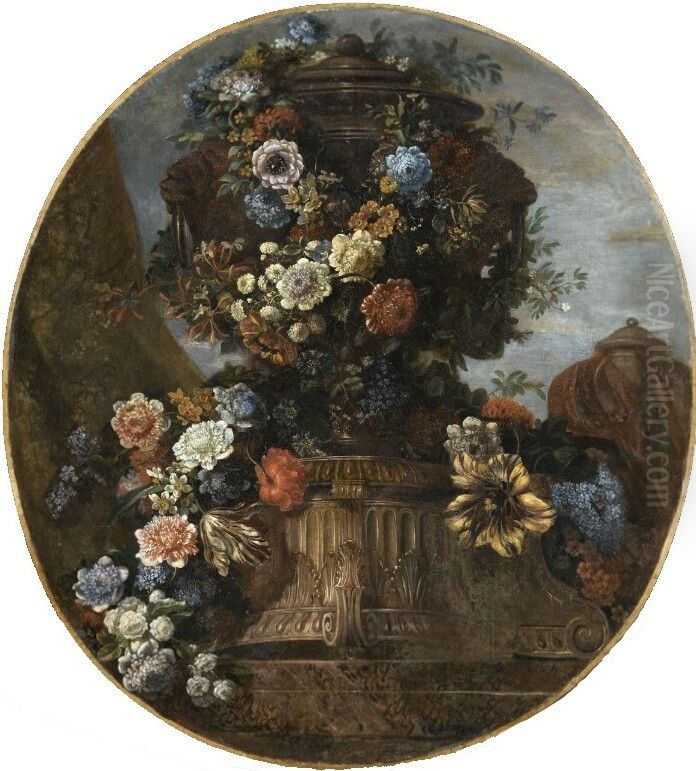 Golden vase filled with flowers Oil Painting by Jean-Baptiste Monnoyer