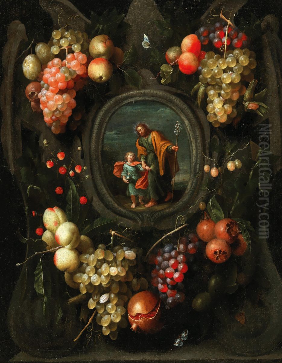 Garland of fruit surrounding a stone cartouche with St. Joseph holding the Christ child Oil Painting by Frans Van Everbroeck