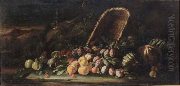 Still life of fruit in a basket in a landscape Oil Painting by Aniello Ascione