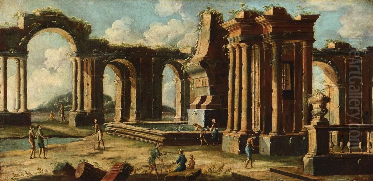Architectural capriccio with figures among classical ruins Oil Painting by Gennaro Greco