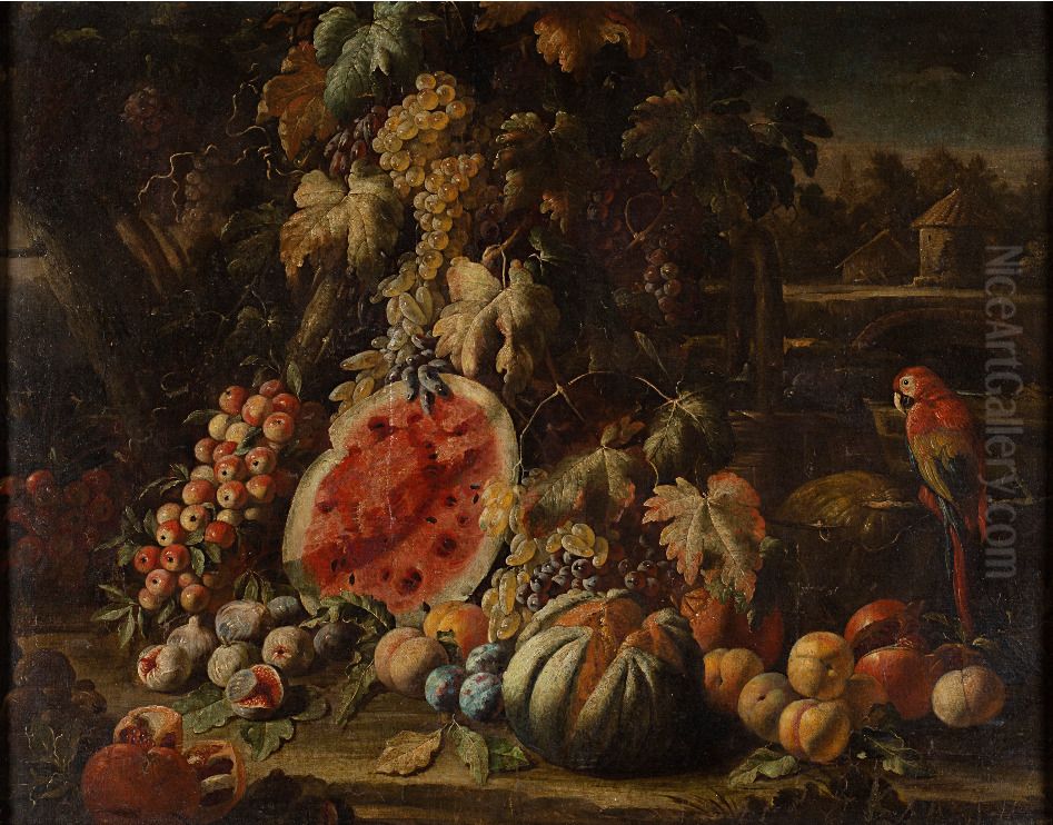 Still life with Apples, Watermelon, Grapes, Figs, Peaches, Plums, Melon, Pomegranates and Parrot Oil Painting by Aniello Ascione