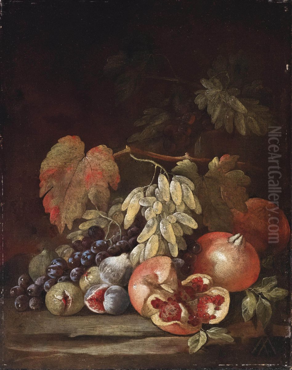 Still life of grapes, figs and pomegranates Oil Painting by Aniello Ascione