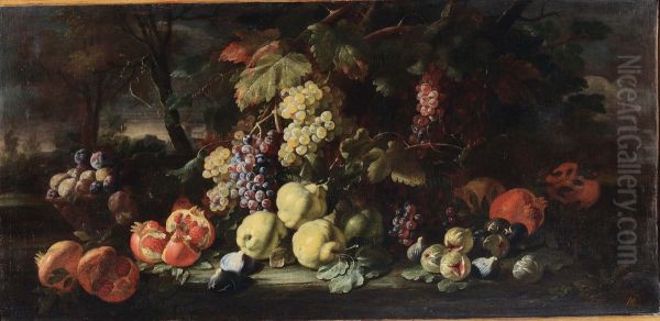 Still life of fruit in a landscape Oil Painting by Aniello Ascione