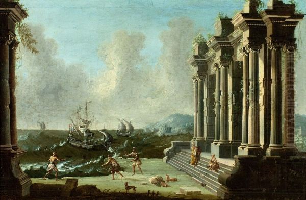 Capriccio with figures among classical ruins and ships beyond Oil Painting by Gennaro Greco