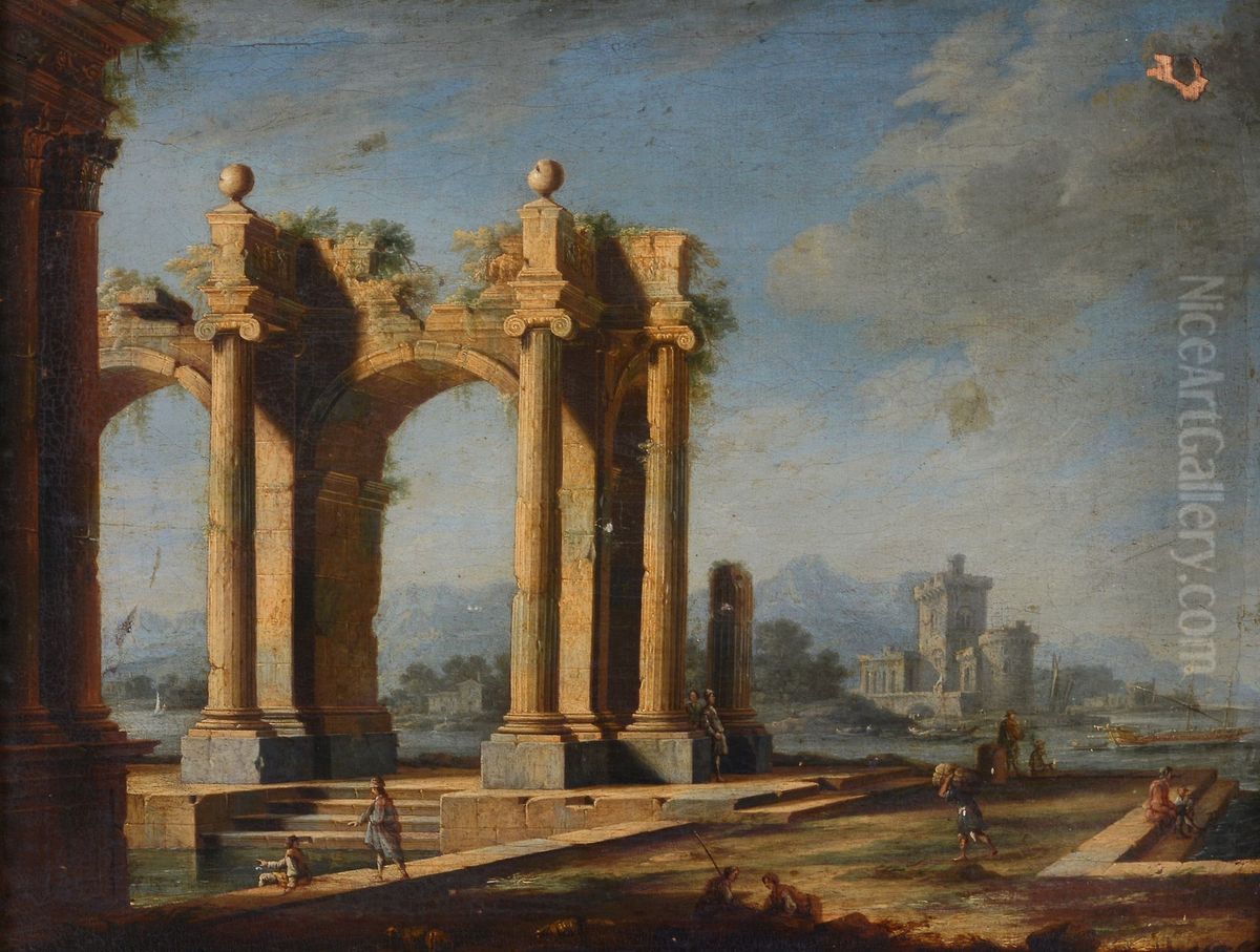 Capriccio of classical ruins, with a port and boats beyond Oil Painting by Gennaro Greco