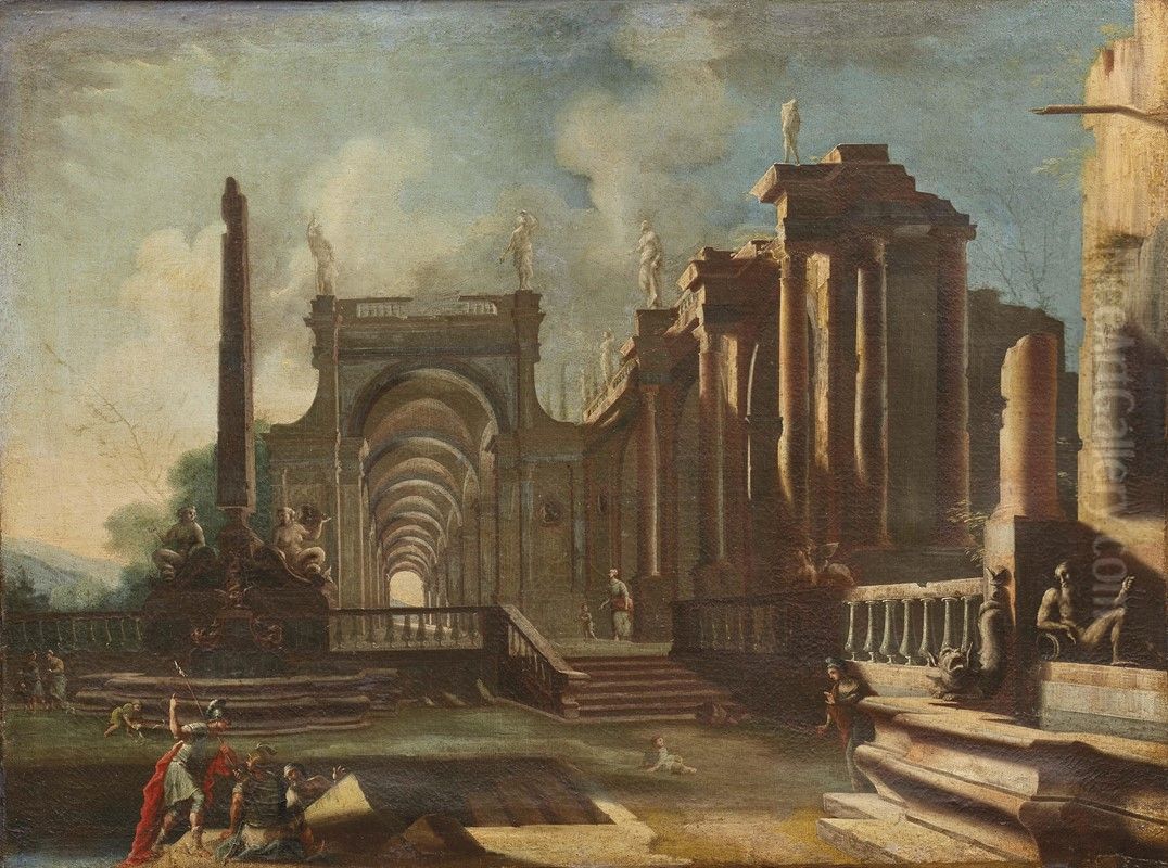 Architectural capriccio with figures and classical ruins Oil Painting by Vincenzo Greco