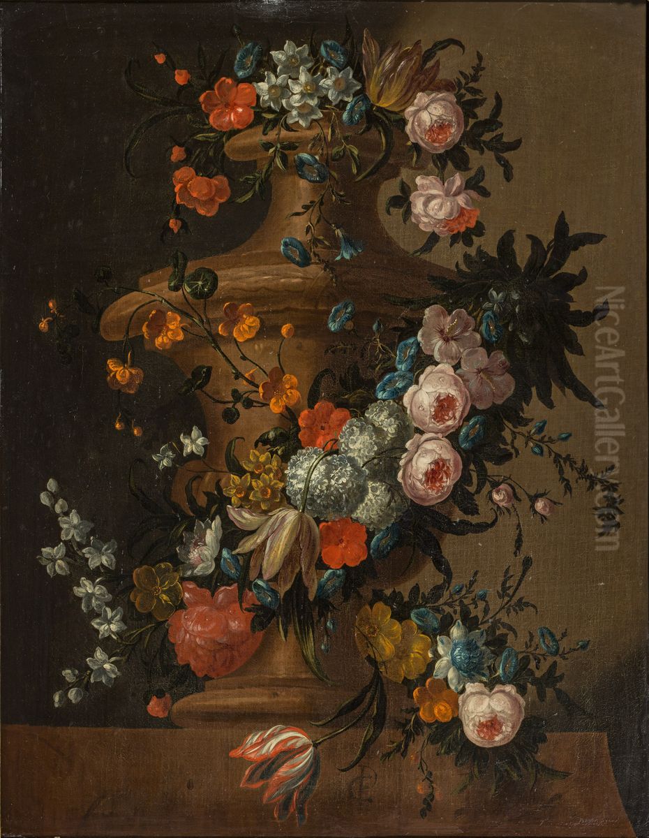 Garden vase surrounded by a garland of various flowers Oil Painting by Peter Frans Casteels