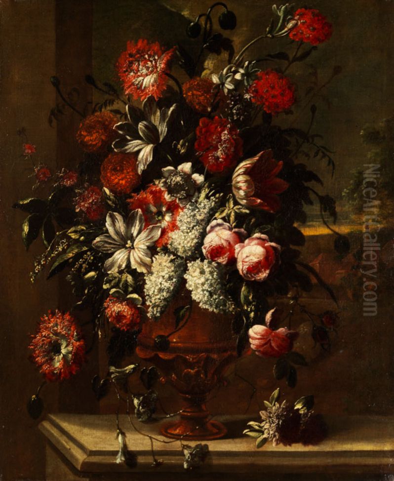 Flowers in an urn on a stone ledge Oil Painting by Peter Frans Casteels