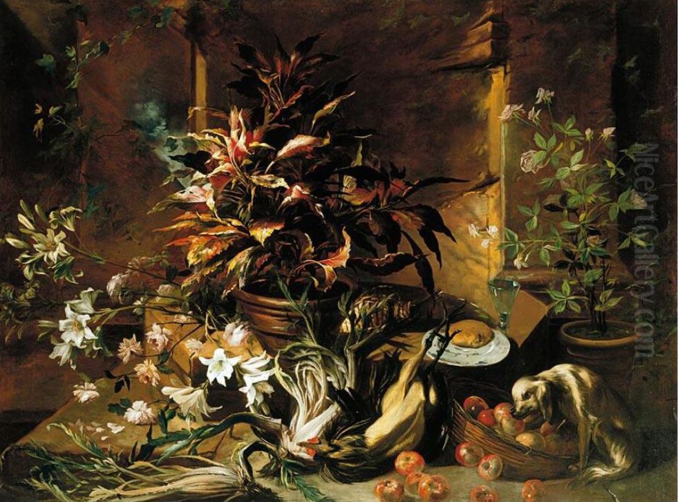 Still life with potted plants and roses, a dog, a basket of apples, fennel, and a semi-plucked rooster, a bread roll on a plate and a wine-glass Oil Painting by Nicola van Houbraken