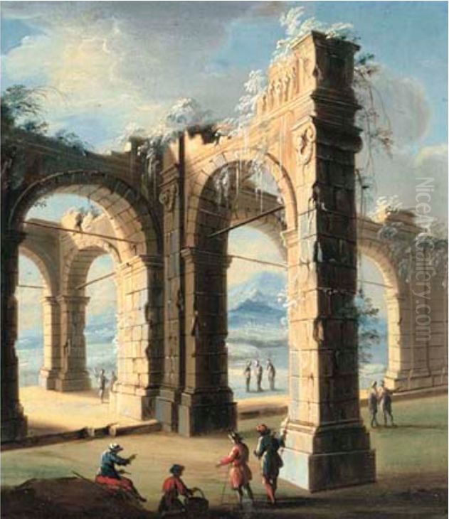 Figures by a pool of water surrounded by classical ruins Oil Painting by Gennaro Greco