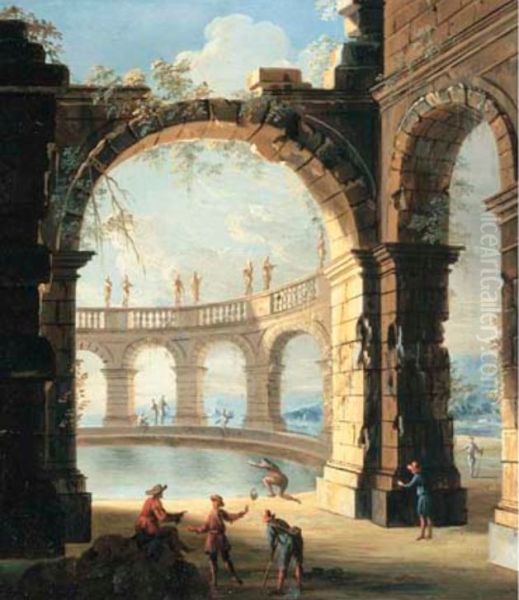 Figures amongst classical ruins Oil Painting by Gennaro Greco