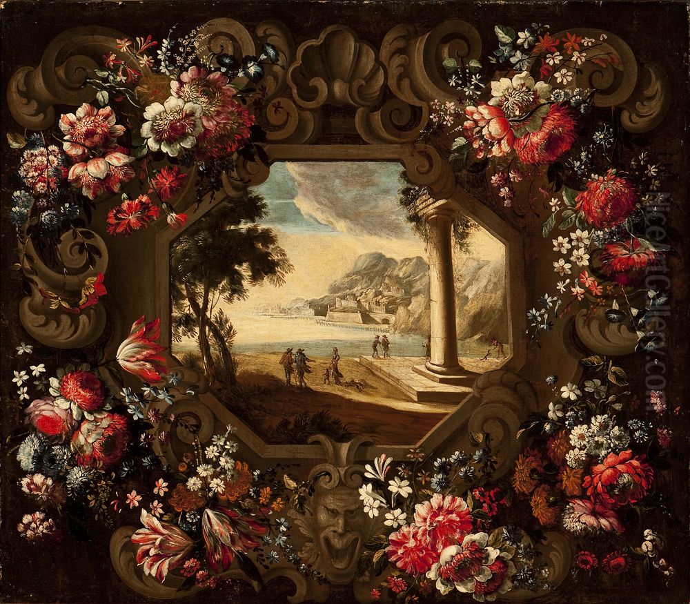 Sculptural Cartouche with Garland Parrot Tulips, Snowballs, Roses, Morning Glory, Carnations and Other Flowers Surrounding a Portrait of a Gentleman, considered to be a self-portrait of Abraham Brueghel Oil Painting by Abraham Brueghel