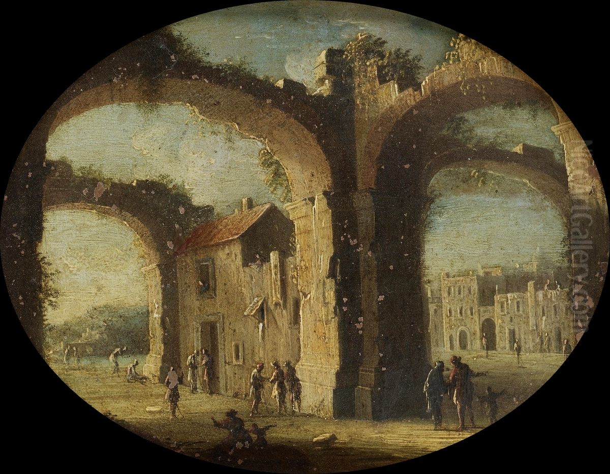 Paesaggio con rovine e figure Oil Painting by Gennaro Greco