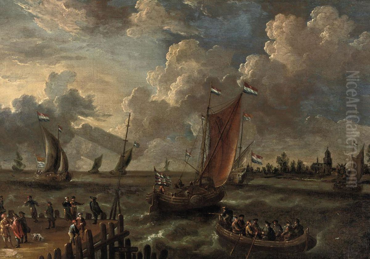 Shipping in an estuary with figures on a jetty and a town beyond Oil Painting by Peter van de Velde