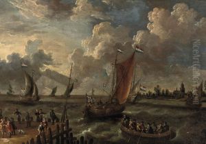Shipping in an estuary with figures on a jetty and a town beyond