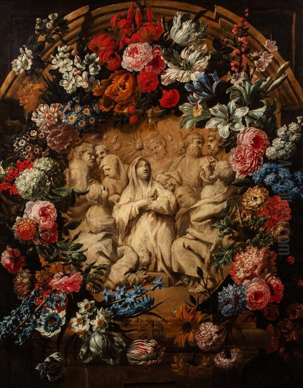 Trompe l'oeil with a marble bas relief representing the Pentecost with flowers Oil Painting by Nicola van Houbraken