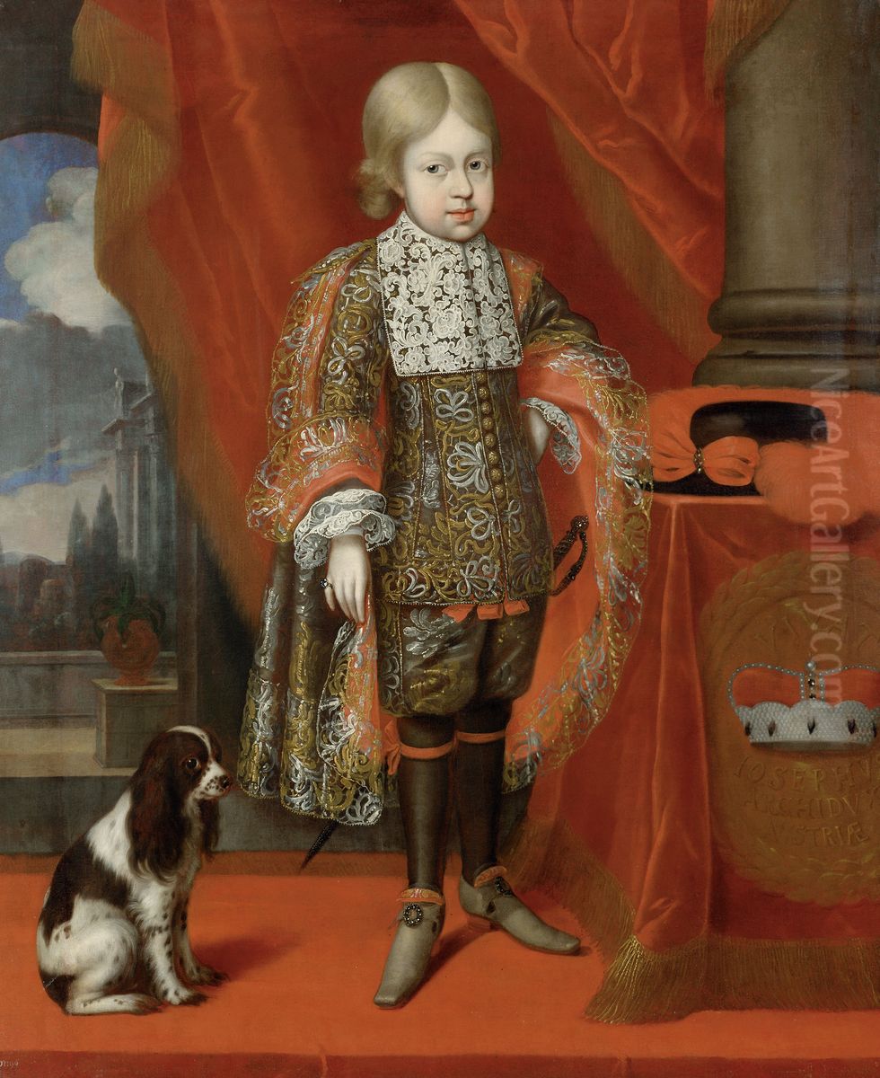Kaiser Joseph I. (1678-1711) im Alter von sechs Jahren mit einem Hund, in ganzer Figur Oil Painting by Benjamin Block